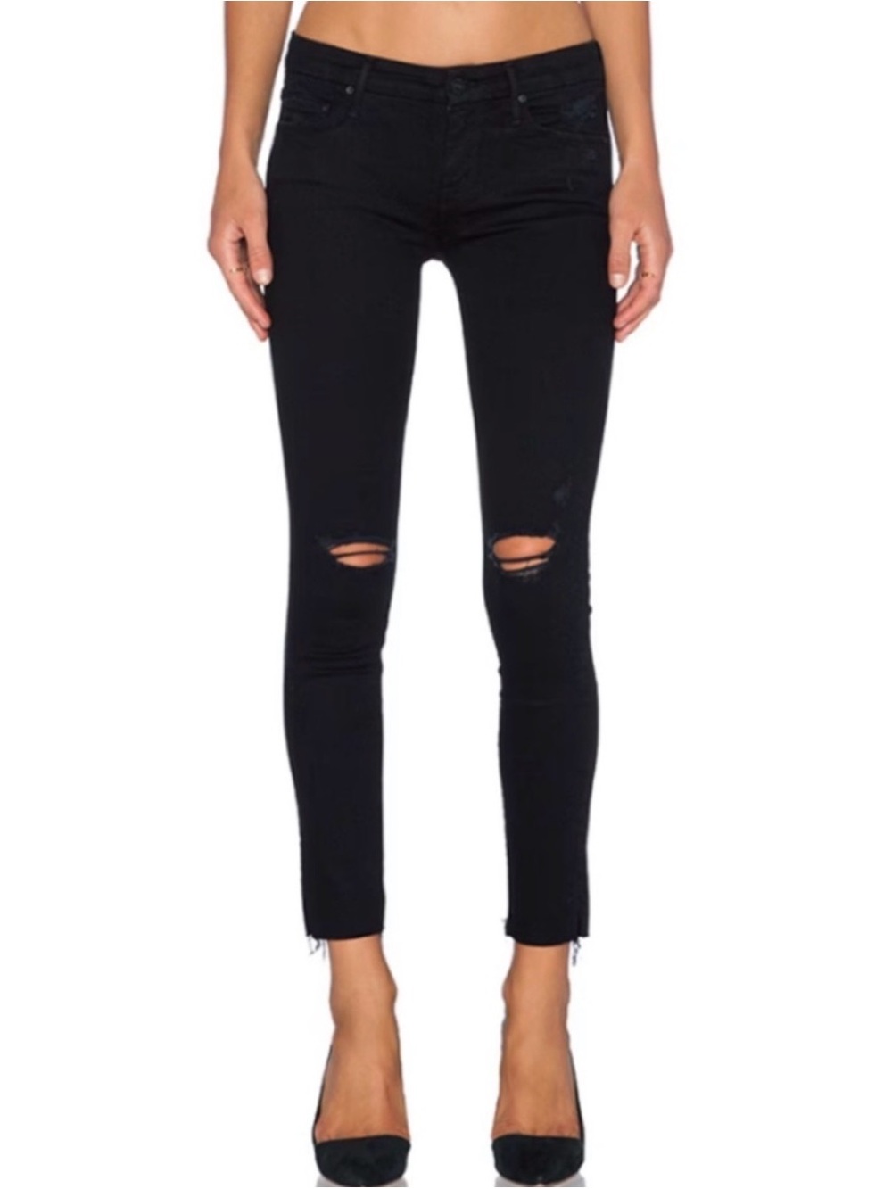 MOTHER Black Distressed Cropped Skinny Jeans
